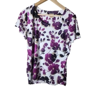 JM COLLECTION White Purple Floral Slinky Knit Travel Ruched Comfort Top SZ PL - Picture 1 of 8