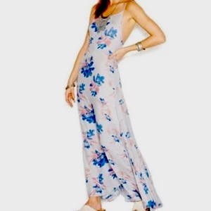 $98 Free People blue floral maxi low back spaghetti strap dress Size L # 1083 - Picture 1 of 17