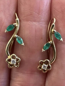 14K Solid Yellow Gold EMERALD & White Sapphire French Hook Dangle Earrings 2.3gr - Picture 1 of 8
