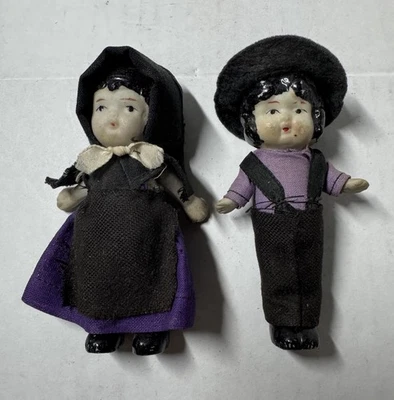 "Par de muñecas bisque estilo Amish vintage años 30-50 - muñecas folclóricas miniatura de 3,5""" Foto 1 de 2