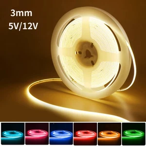 Ultra Thin COB LED Strip DC12V 3mm Width Flexible 480LED/m 1-5M Tape Light Strip - Picture 1 of 29