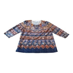 Alfred Dunner Women's L Top Blouse 3/4 Sleeve Paisley Blue Orange Embellished - Picture 1 of 8