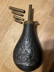 19thC metal gun powder flask 4 extra screw in brass tubes - Picture 1 of 2