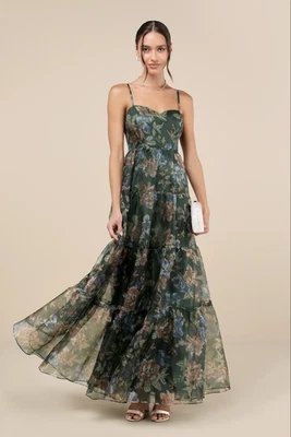 Maxi Vestido Lulus Mujer Exclusivo Glamour Verde Floral Organza En Niveles L Foto 1 de 3