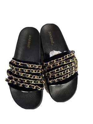 Mujer Talla 6 Bambú Acogedora-03S Terciopelo Slide Sandalia Piel Sintética Color Dorado y Negro Foto 1 de 4