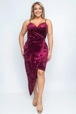 Maxi Vestido Para Mujer Talla Grande Borgoña Terciopelo Envolvente 1X Hombro Frío Alto Bajo  Foto 1 de 3