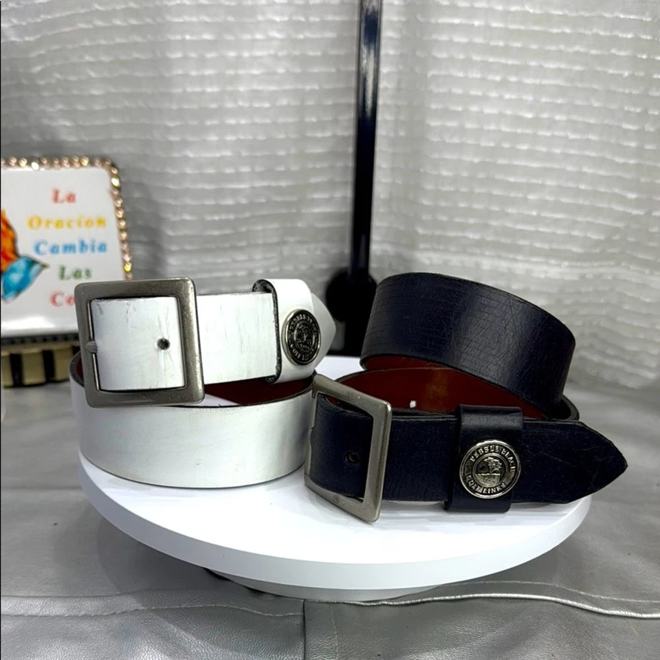 (H)Two Pebble Beach boys' leather belts with black and white metal silve buckles - Image 1 of 4