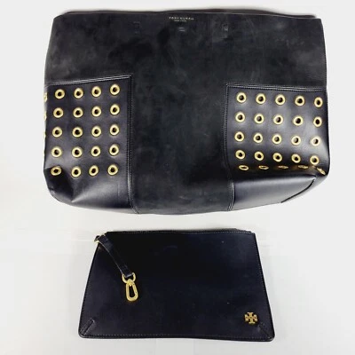 Auténtico Bolso de Mano Tory Burch Cuero Negro Gamuza Bloque T Cartera 17"x12"x6" Foto 1 de 4