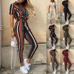 Women V Neck Short Sleeve Jumpsuits Playsuits Casual Belted Pants Long Trousers - Picture 1 of 8