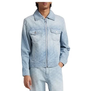 Balmain Men's Blue Jacquard Monogram Denim Jacket Size 50 Monogram Zip-Up Casual - Picture 1 of 14