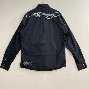 Vintage y2k Ed Hardy black embroidered pearl snap long sleeve shirt 2000 Size M - Picture 1 of 10