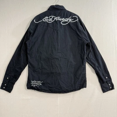 Camisa De Colección Y2k Ed Hardy Negra Bordada Perla A Presión Manga Larga 2000 Talla M Foto 1 de 4