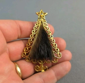 Vintage Brosche Anstecknadel Tancer II Weihnachtsbaum Nerz Fell goldfarben AB Strass - Bild 1 von 7