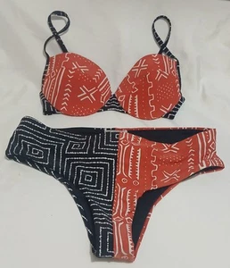 ROXY Bikini Hipster Boho Medium Bottom Small Top Black ,Red & White Pre-Loved - Picture 1 of 24