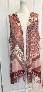 CHICO’S ärmellose Weste 3/XL vorne offen lange Linie Fransen Saum Mixed Print Boho - Bild 1 von 14