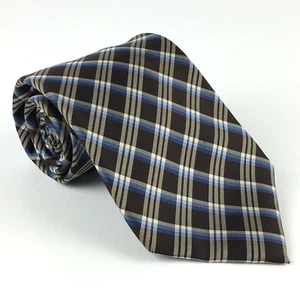Chaps Mens 100% Silk Handmade Tie Brown Blue & White Plaid - Picture 1 of 8
