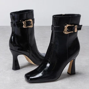Women's Patent Leather Ankle Boots with Buckle and Block Heel Zip Closure - Picture 1 of 15