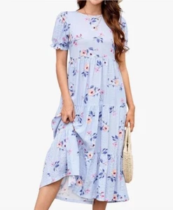 Women Casual Loose Bohemian Floral Dress with Pockets Short Sleeve Long Maxi Sum - Picture 1 of 4