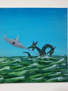 Raumschiff schießt auf ein Seeungeheuer, Acrylbild - Bild 1 von 6