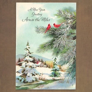 Unused Vintage Hallmark NEW YEAR GREETING ACROSS THE MILES, Snow Cardinal Birds - Picture 1 of 6