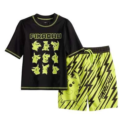 Boys Pokemon Swim Trunks Shorts Swimsuit Rash Guard Shirt Set Pikachu 4 5 6 7 8 - Image 1 of 2
