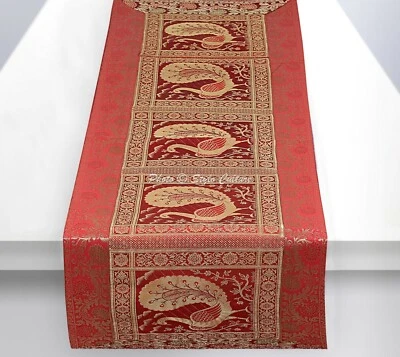 Indian Dining Table Runner Long Wedding Linen Red Brocade Peacock Tablecloth - Image 1 of 4