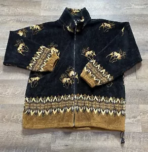 Vintage Men’s Mazmania Elk Nature Fleece Jacket Sherpa Black Outdoors USA Sz M - Picture 1 of 9