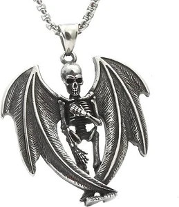Collar colgante esqueleto calavera ángel de la muerte alado de acero inoxidable joyería - Imagen 1 de 4