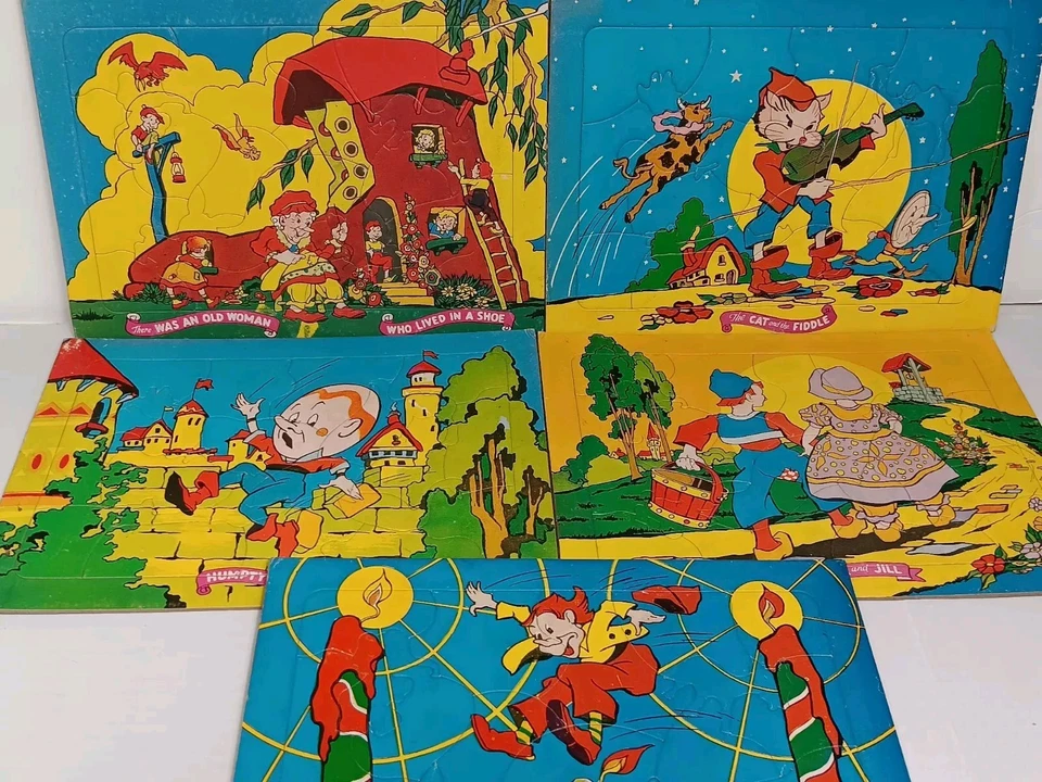 LOTE DE QUEBRA-CABEÇAS VINTAGE INFANTIL RIMAS BERÇÁRIO BANDEJA - JACK & JILL, HUMPTY +  - Imagem 1 de 1