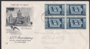 USA 1946 FIRST DAY COVER 100th ANNIV OF IOWA STATEHOOD IN BLOCK OF 4 + CACHET - Picture 1 of 1