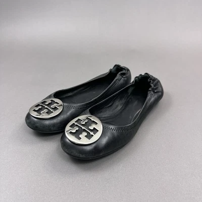 Tory Burch Reva Flats Womens 8.5 Black Leather Ballet Shoes Silver Medallion - Image 1 of 4