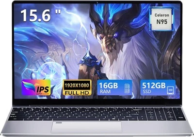 15.6 inch Laptop, 16GB RAM 512GB SSD Celeron N95 Processor Notebook, FHD IPS 192 - Image 1 of 4