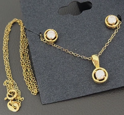 Gold Over Sterling Silver CZ Solitaire Earrings Pendant Necklace Set Dainty 925 - Image 1 of 4