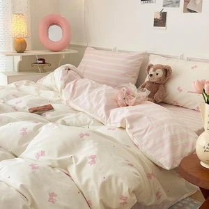 Duvet Cover Queen Size Pink Bow Bedding Set Pink Bowknot Striped Pattern Reve... - Picture 1 of 7