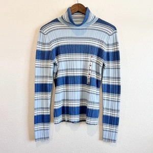 Suéter Tommy Hilfiger a Cuadros Rayas Cuello Alto Azul Blanco Acanalado Tejido L Nuevo con Etiquetas - Imagen 1 de 9