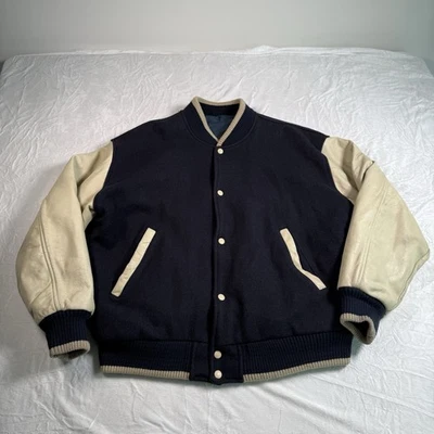 Мужская большой темно-синий бежевый Varsity куртка кожаные рукава MV Sport сделано в США - Изображение 1 из 4