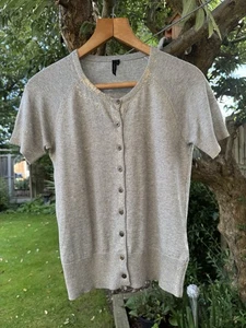 TopShop UK 10 Short Sleeve Knit Cardigan Top Grey & Gold Button Front Stretchy - Picture 1 of 13