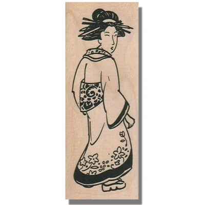 Mounted Stamp, Geisha In Flower Kimono, Looking Back, Lady,Asian,Japanese,People - Image 1 of 2