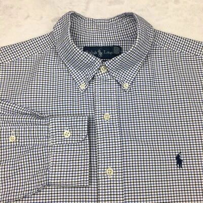 Ralph Lauren Shirt Mens Large White w/Black-Blue Checks Classic Fit Long Sleeves - Image 1 of 4
