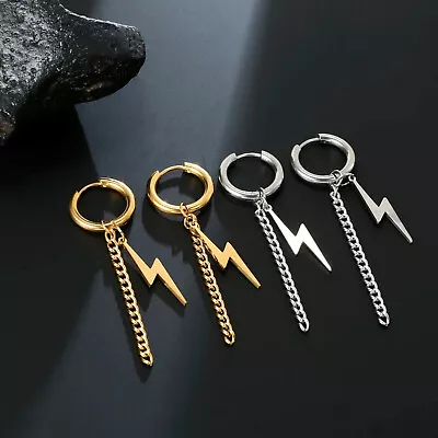 Orecchini a Cerchio Acciaio Pendente FULMINE CATENA Nappa Oro/Argento Unisex - Immagine 1 di 4
