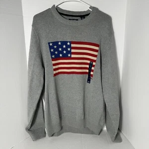 Chaps Grey American Flag Crewneck Knit Sweater Size Large 100 % Cotton Pullover - Picture 1 of 7