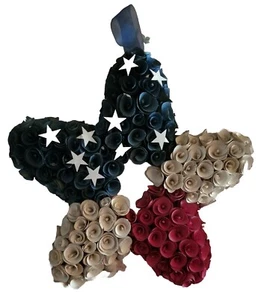 Americana Wooden Wreath.  July 4th.  Wood Curl, Flowered Star.  Red, White, Blue - Picture 1 of 2
