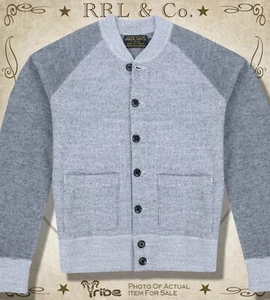 RRL Ralph Lauren Para hombres Gris 2 Tonos Algodón-Lana Polar Béisbol Cárdigan Suéter - Imagen 1 de 4