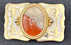 3" x 2" Rectangular Woman's Brass-Gold Tone Framed Oval Marble Belt Buckle