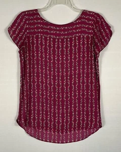 Loft Top Womens Small Burgundy Floral Pullover Short Slit Flutter Sleeves Boho - Picture 1 of 6