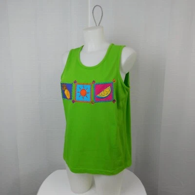 Top de verano Karen Scott sin mangas cuello redondo bordado verde lima, grande #7046 Foto 1 de 4