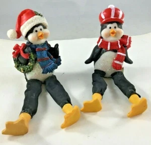 Pair of Penquins With Hanging Legs Scarfs and Red Hats Approximately 7-1/2" New - Picture 1 of 7