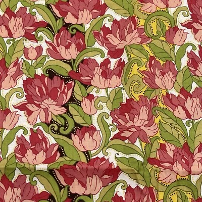 Tulip Leaves Cotton Floral Fabric Pink Red Green Yellow  Sewing Crafts 1.75yds - Image 1 of 4