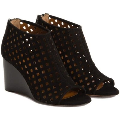 Aquatalia Nikita Open Toe Black Suede Wedge Ankle Bootie Sandal Perforated Zip 5 - Image 1 of 4