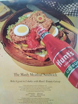  Hunt's Catsup Print Ad Original Rare Vtg 1960s Meatloaf Sandwich Texaco Sky Gas - Image 1 of 4